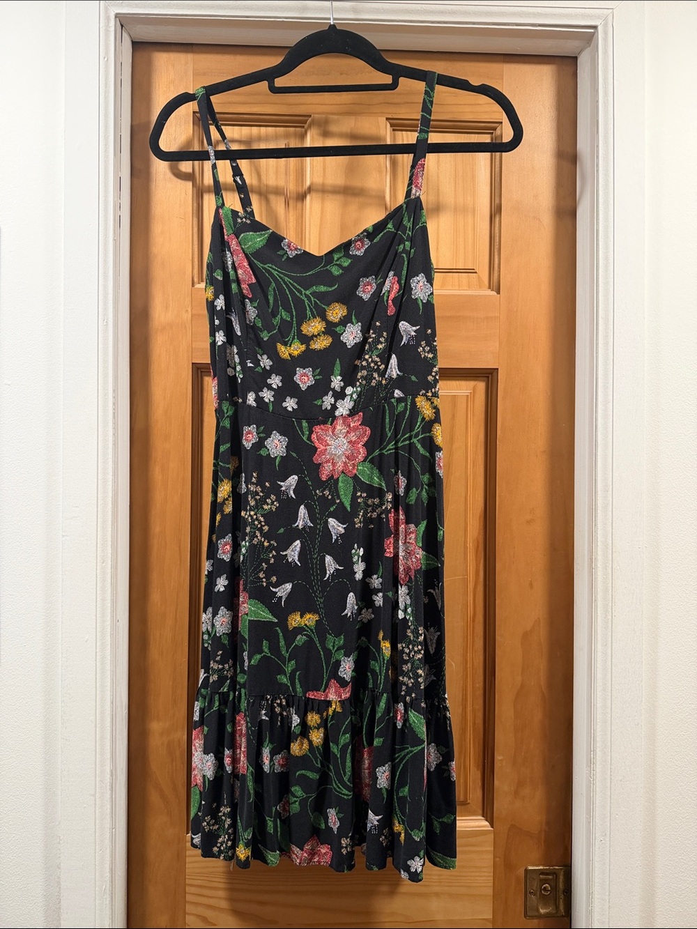 Old Navy Black Floral Midi Dress with Pink and Green Accents